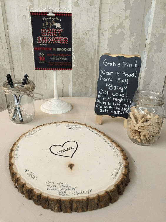 woodland baby shower wood slice guestbook sign-in idea
