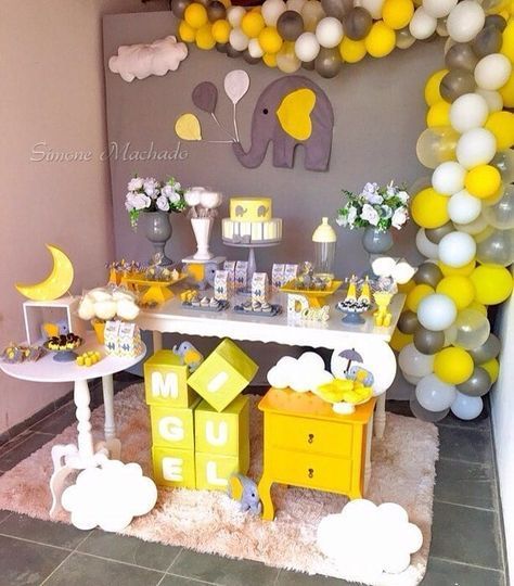 yellow and gray elephant baby shower decorations